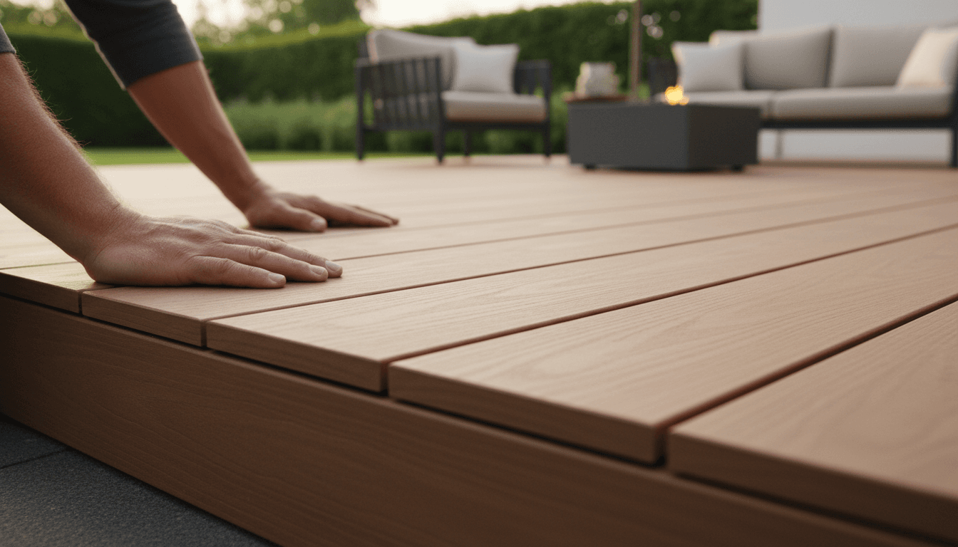 Completed deck with natural wood finish and comfortable seating area