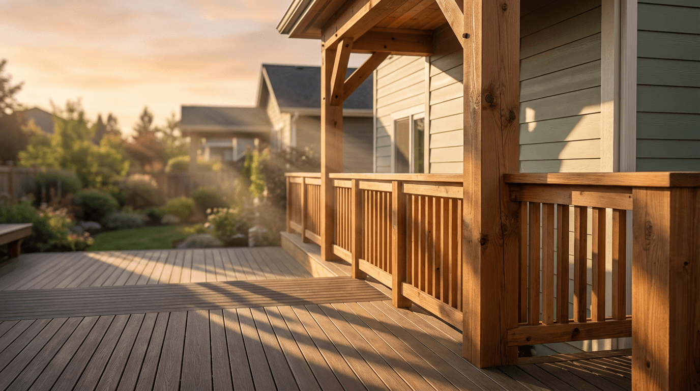 A veteran standing on a newly built wooden deck, overlooking a residential backyard