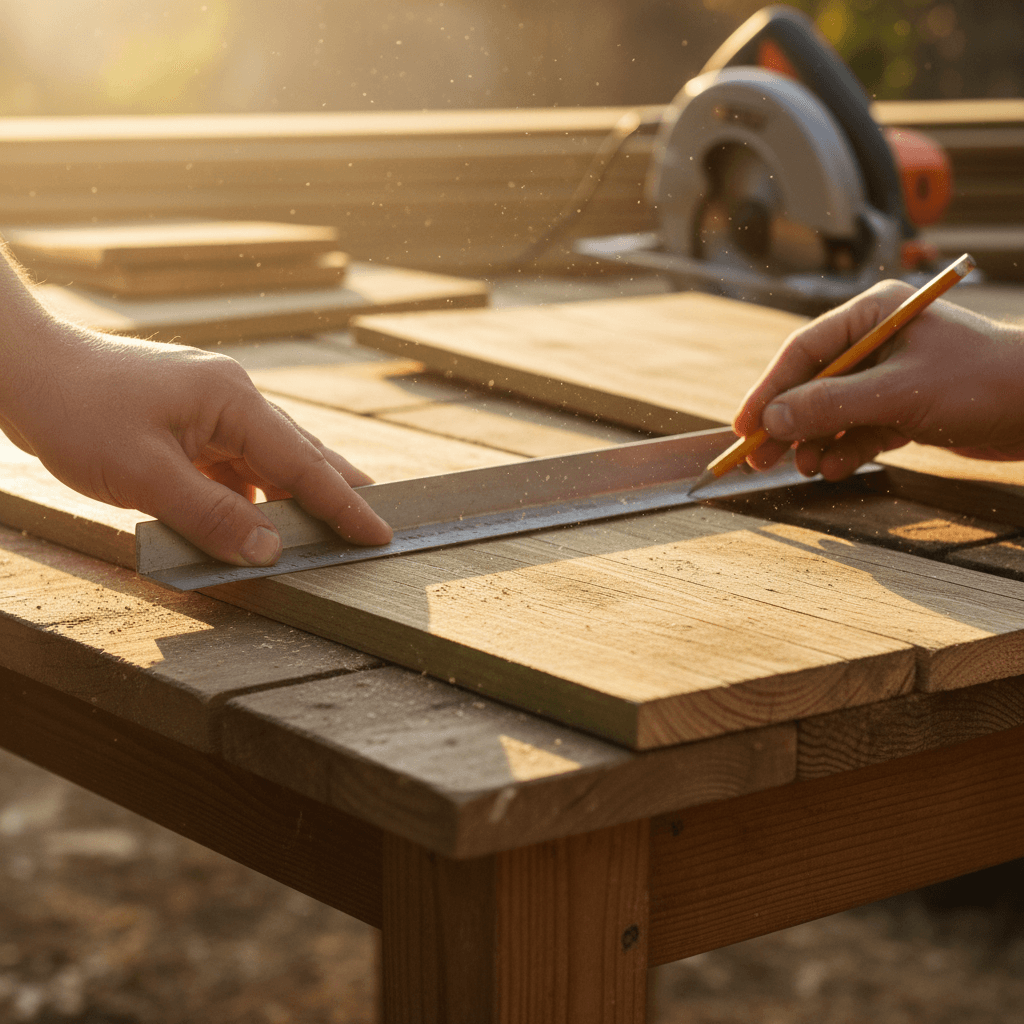 Wooden deck materials and construction tools in golden afternoon light